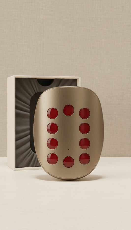 Facial red light therapy device with metallic glass finish